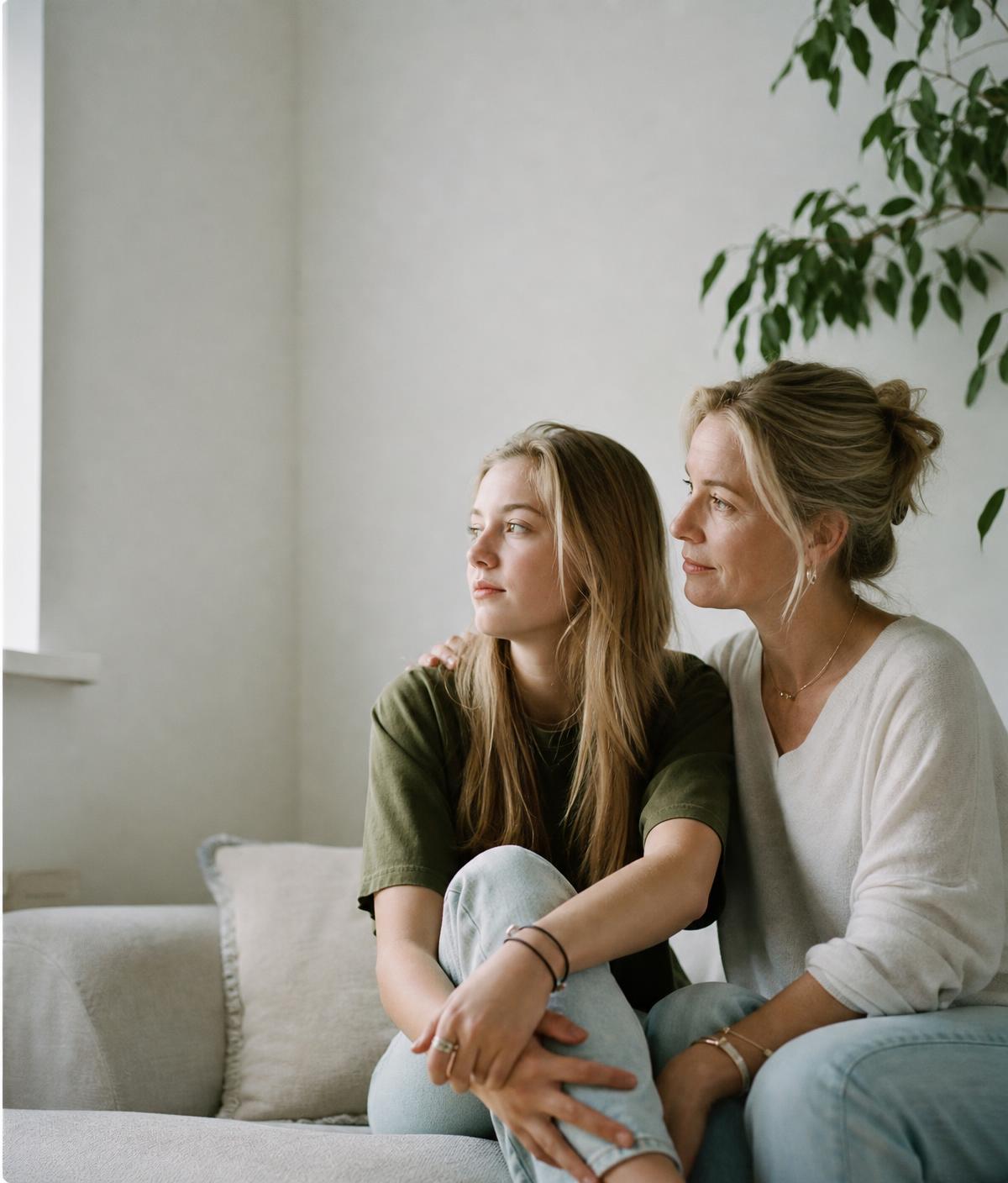 Jongere en ouder zitten samen in een licht, rustig interieur